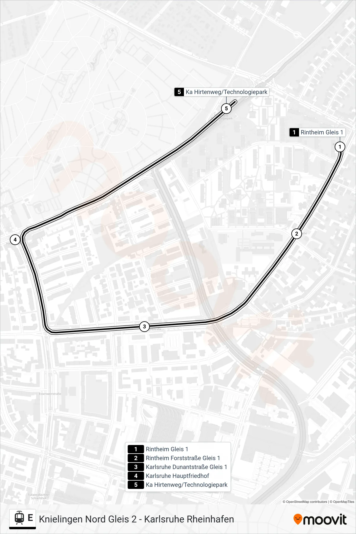 Linie E (Straßenbahn) Richtung Ka Hirtenweg/Technologiepark: Route und Haltestellen auf der Karte