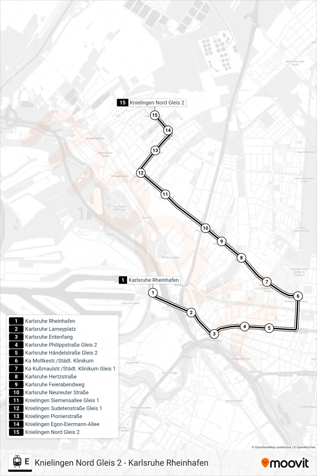 Linie E (Straßenbahn) Richtung Knielingen Nord: Route und Haltestellen auf der Karte