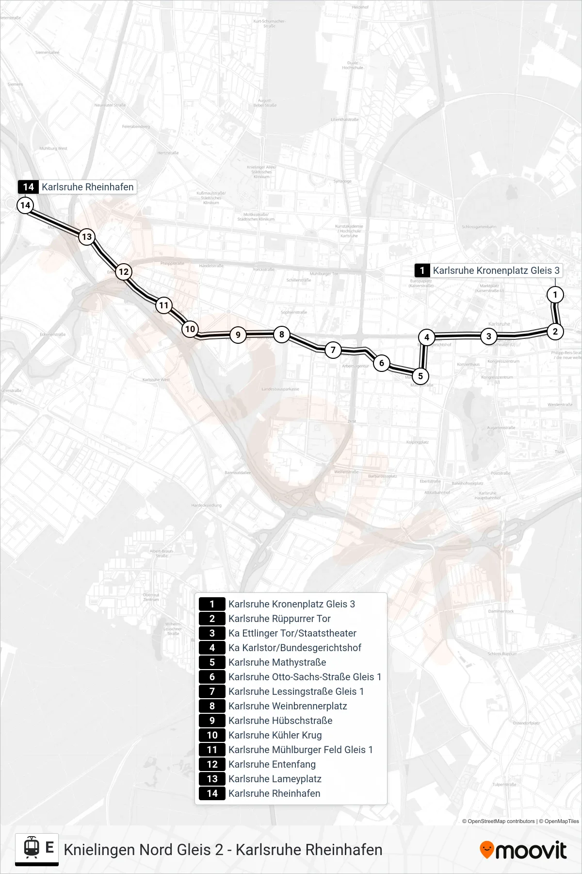 E tram Line (Karlsruhe Rheinhafen) route and stops on a map