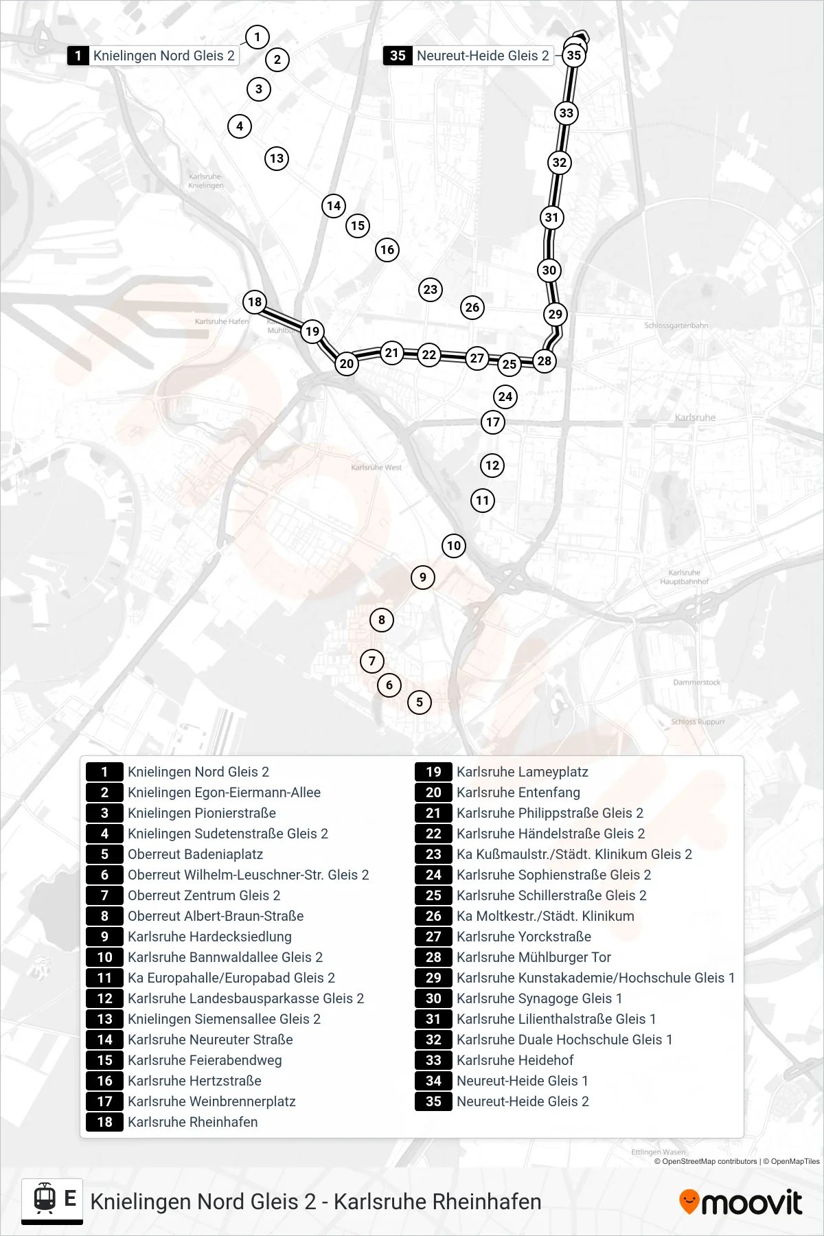 E tram Line (Neureut-Heide) route and stops on a map