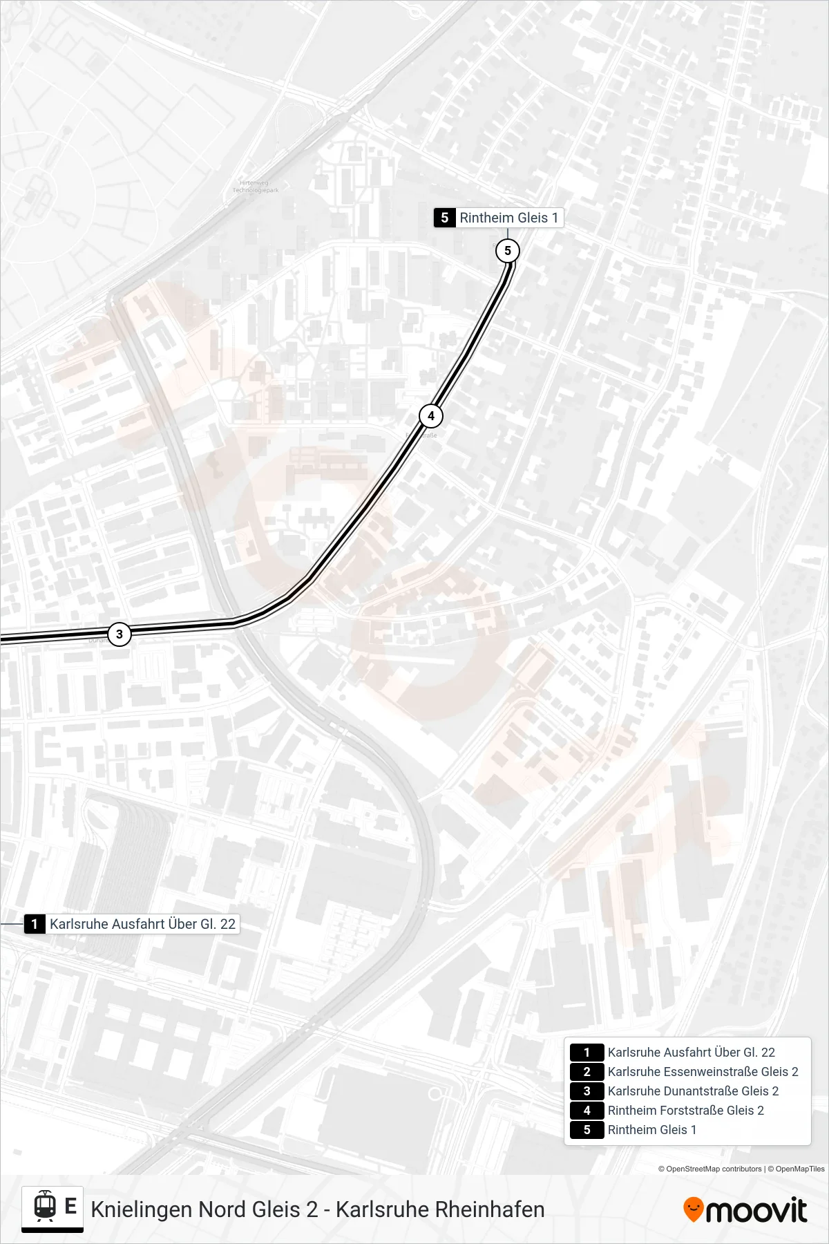 E light rail Line (Rintheim) route and stops on a map