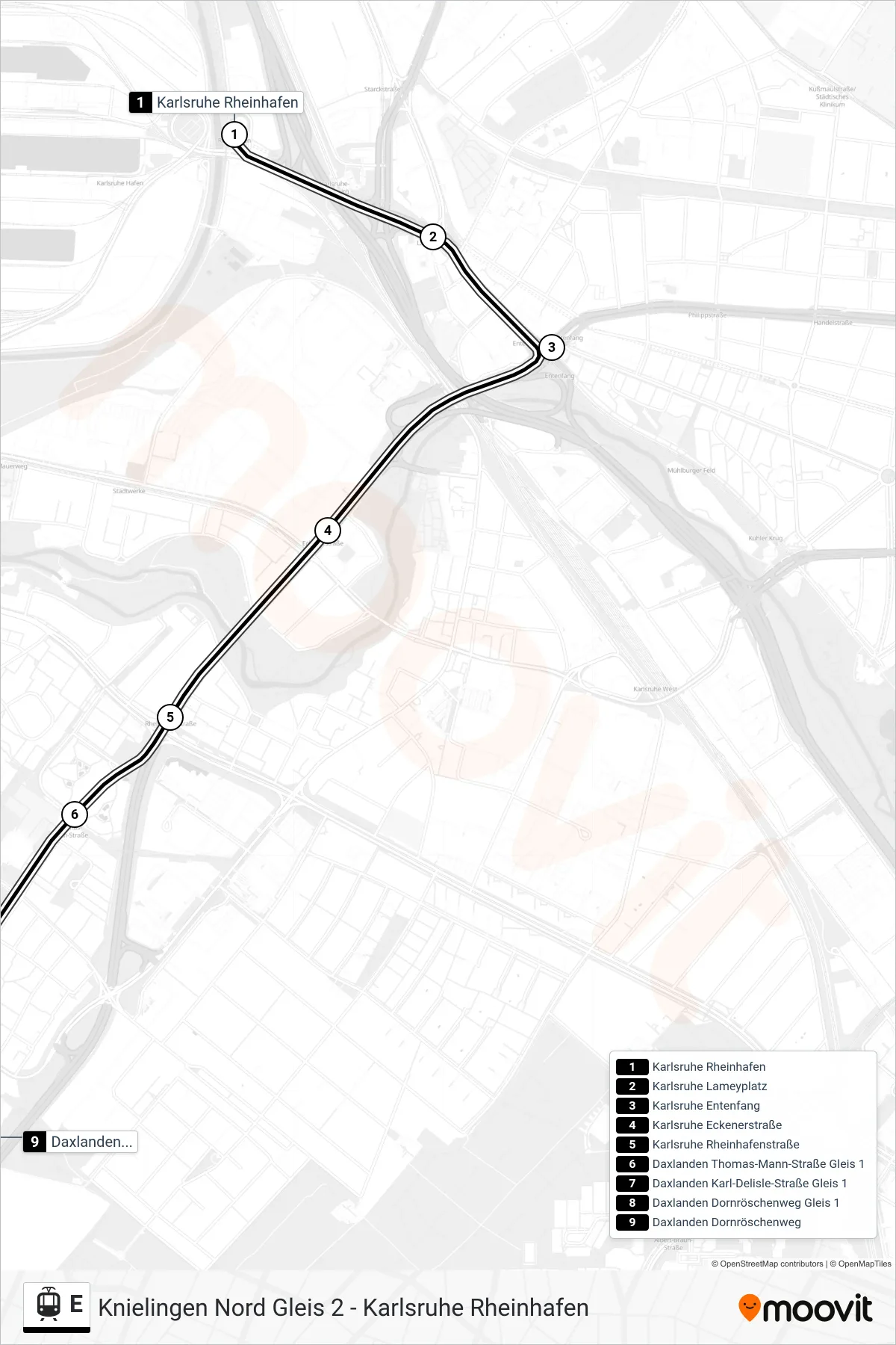 Linie E (Straßenbahn) Richtung Daxlanden Dornröschenweg: Route und Haltestellen auf der Karte