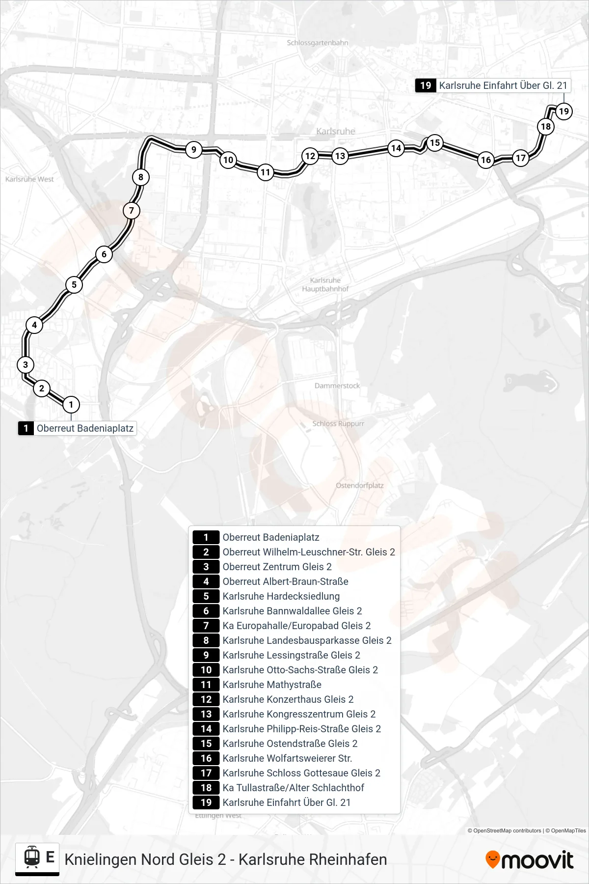 Linie E (Straßenbahn) Richtung Karlsruhe Einfahrt Über Gl. 21: Route und Haltestellen auf der Karte