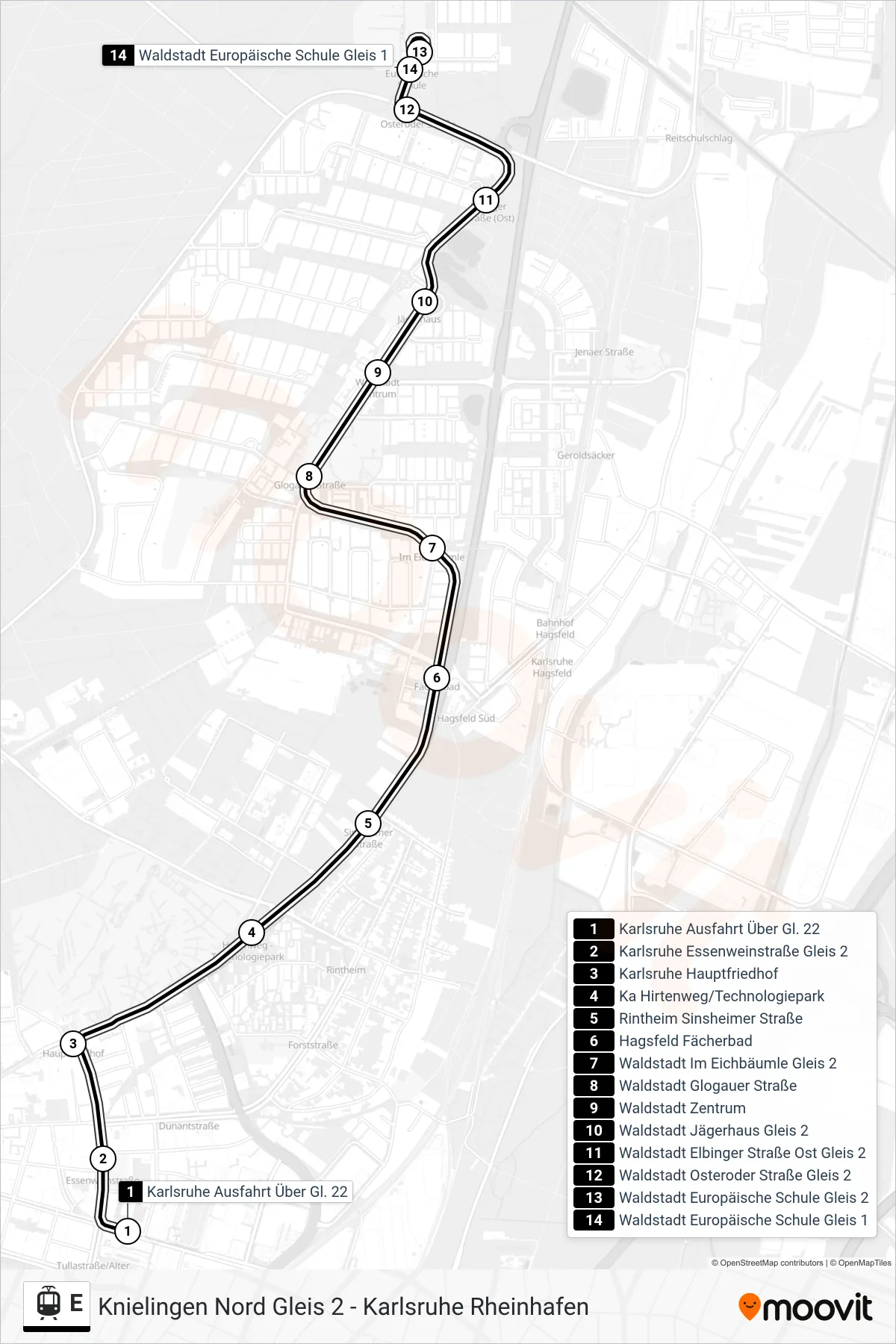 Linie E (Straßenbahn) Richtung Waldstadt Europäische Schule: Route und Haltestellen auf der Karte