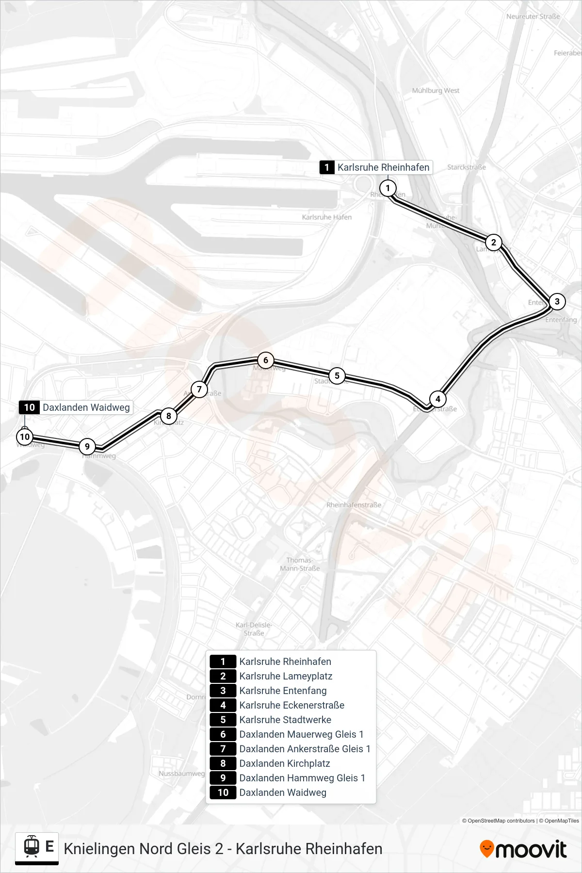 Linie E (Straßenbahn) Richtung Daxlanden Waidweg: Route und Haltestellen auf der Karte