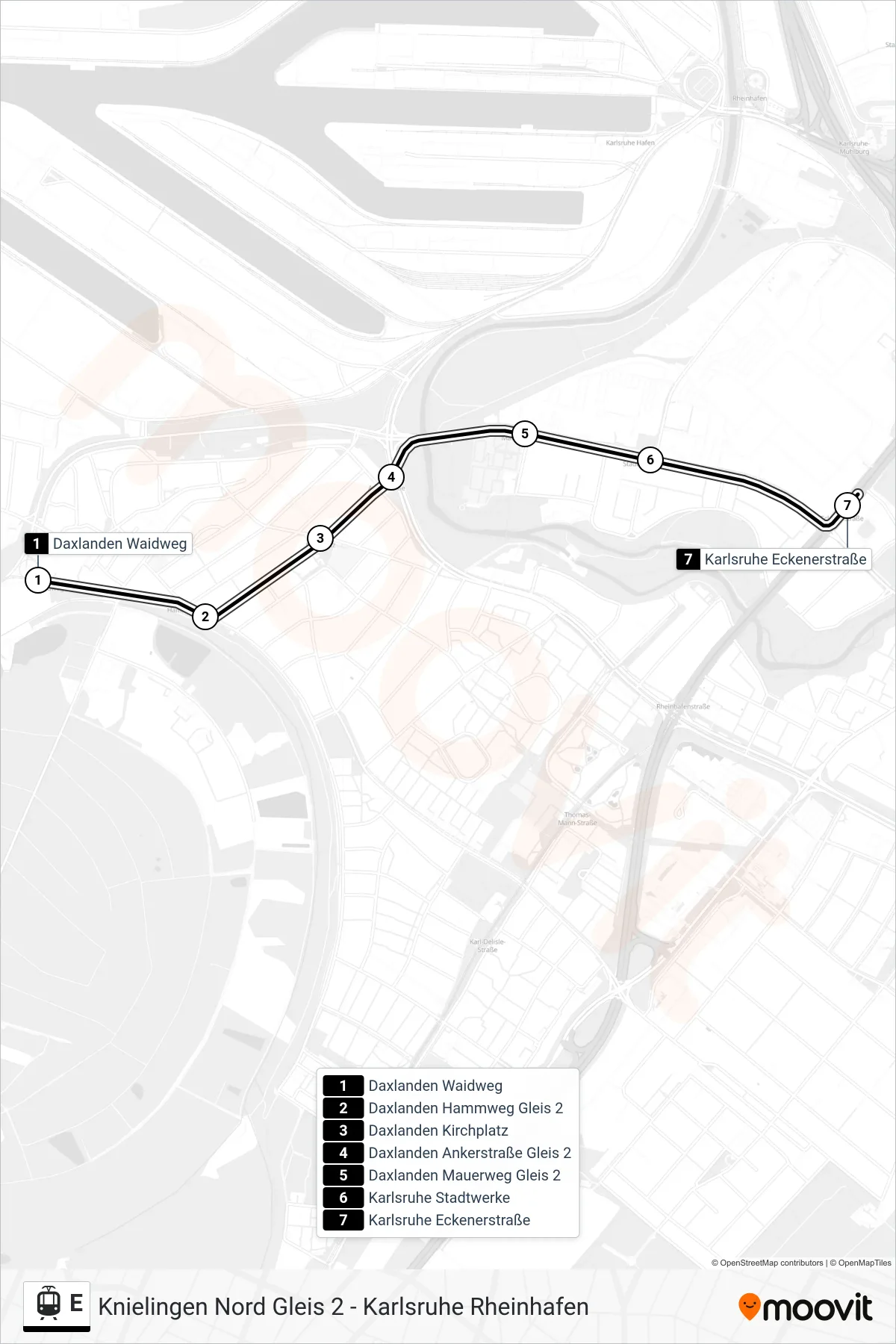 Linie E (Straßenbahn) Richtung Karlsruhe Eckenerstraße: Route und Haltestellen auf der Karte