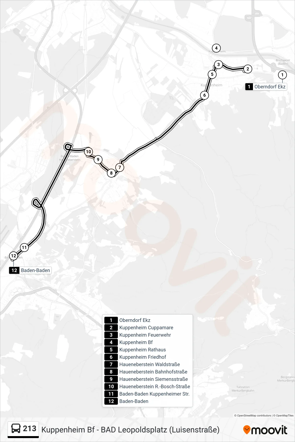 Linie 213 (Bus) Richtung Baden-Baden: Route und Haltestellen auf der Karte