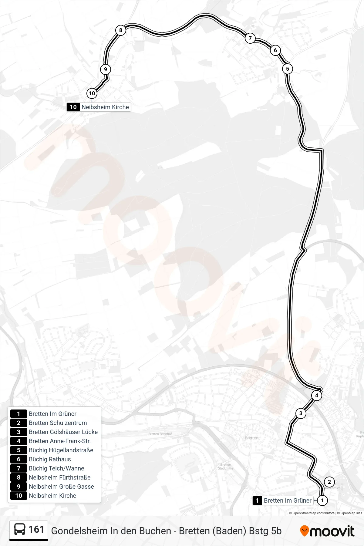 161 bus Line (Neibsheim Kirche) route and stops on a map