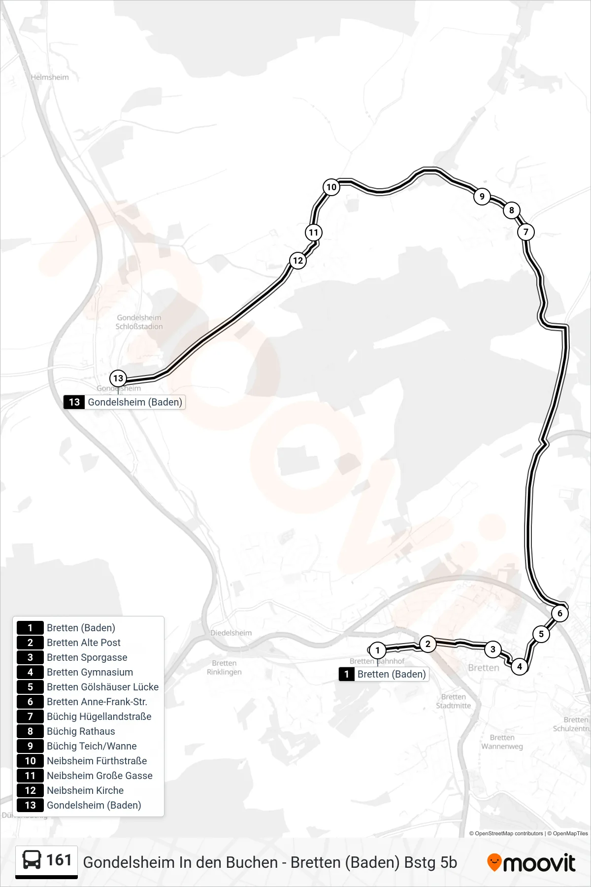 Linie 161 (Bus) Richtung Gondelsheim (Baden): Route und Haltestellen auf der Karte