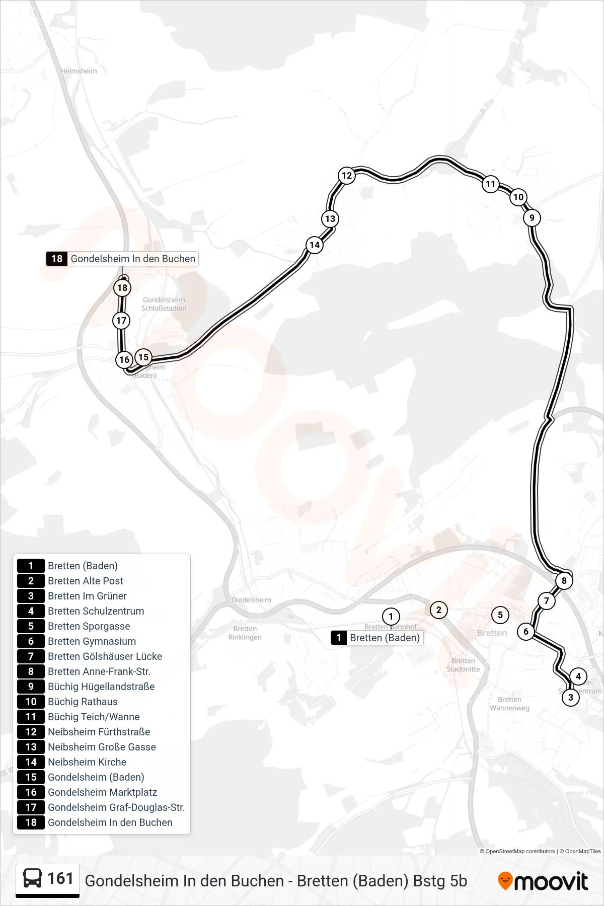 161 bus Line (Gondelsheim In den Buchen) route and stops on a map