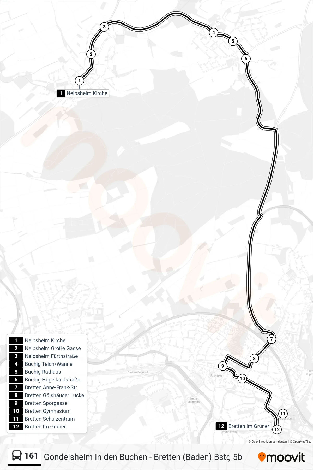 161 bus Line (Bretten Im Grüner) route and stops on a map