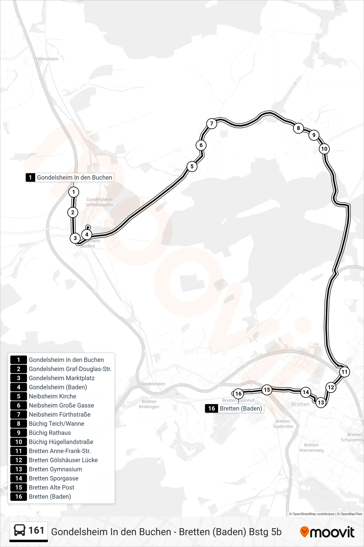 161 bus Line (Bretten (Baden)) route and stops on a map