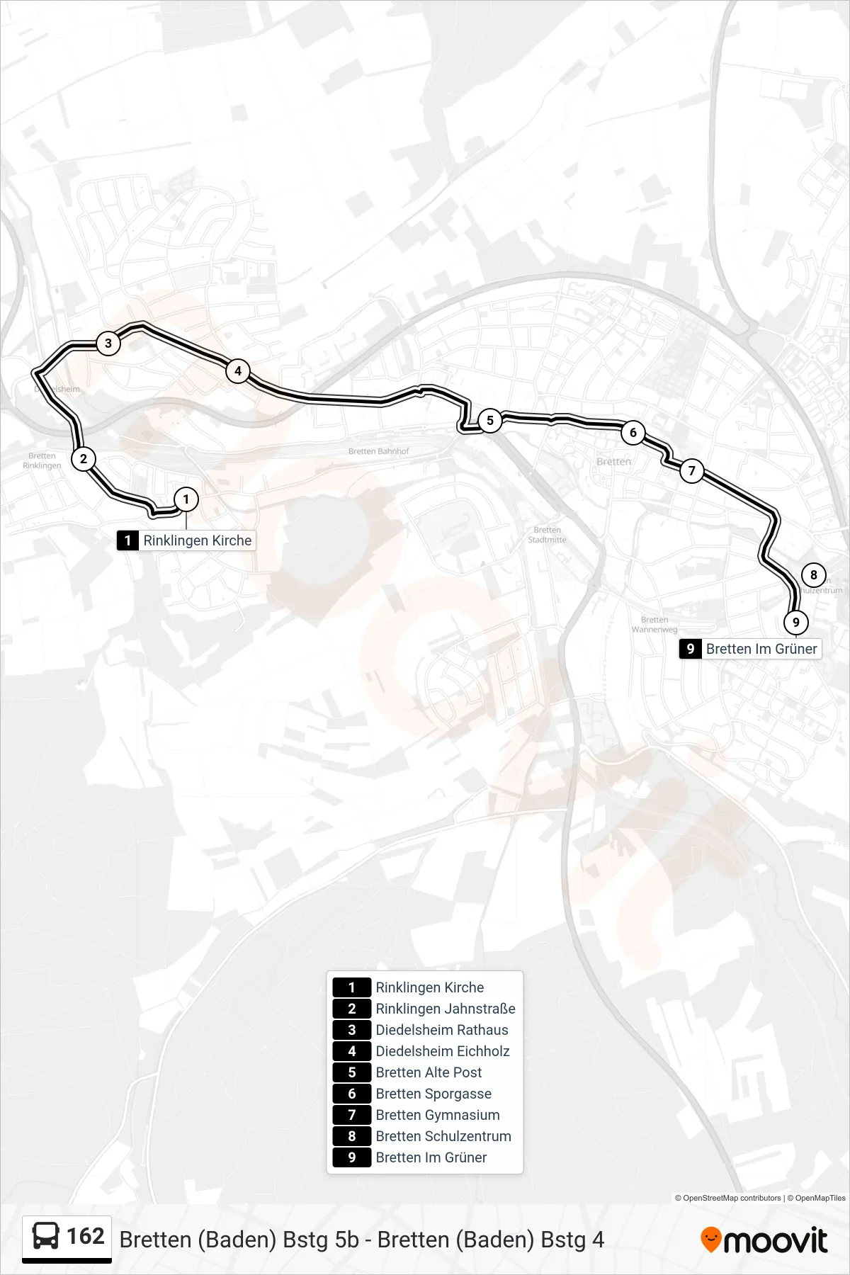 162 bus Line (Bretten Im Grüner) route and stops on a map