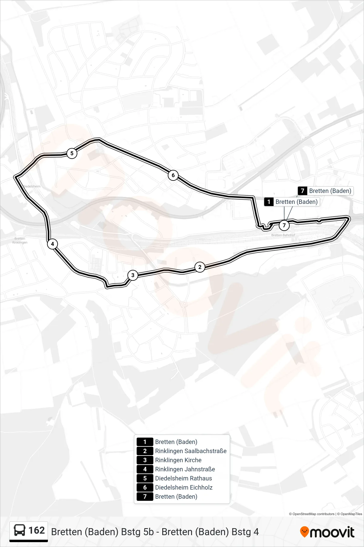 162 bus Line (Bretten (Baden)) route and stops on a map