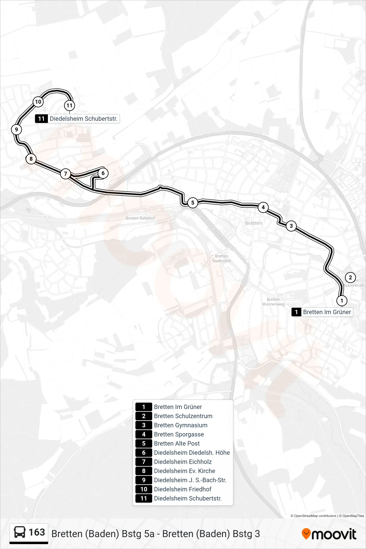 Linie 163 (Bus) Richtung Diedelsheim Schubertstr.: Route und Haltestellen auf der Karte