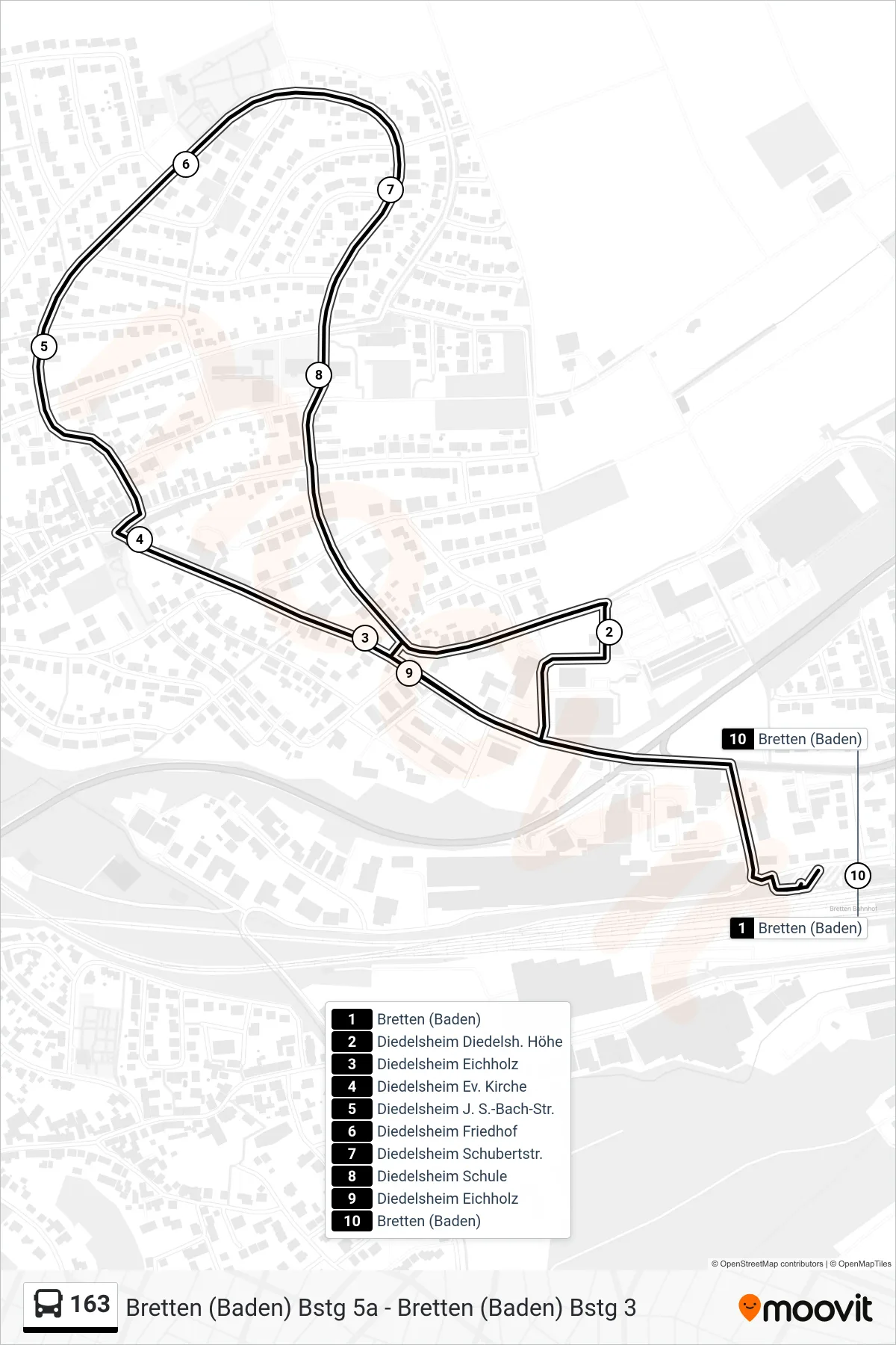 163 bus Line (Bretten (Baden)) route and stops on a map