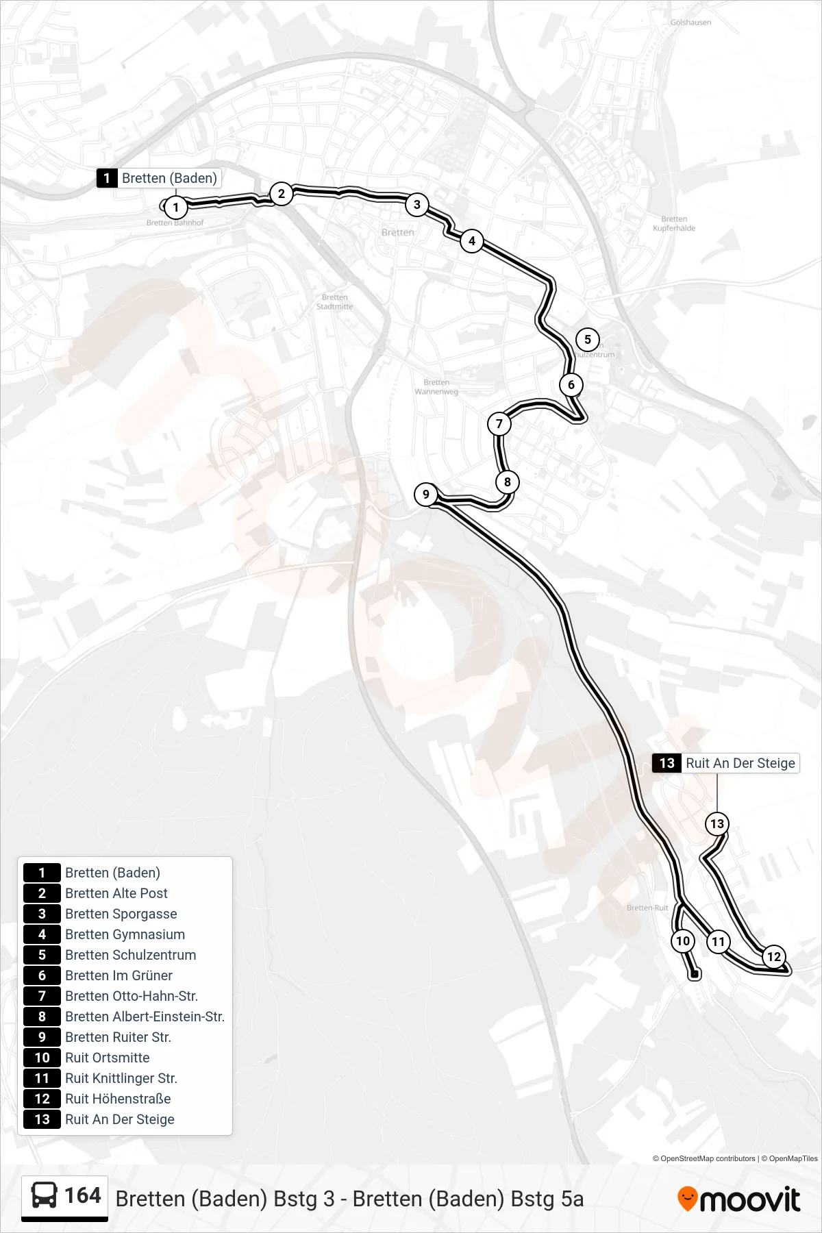 164 bus Line (Ruit An Der Steige) route and stops on a map