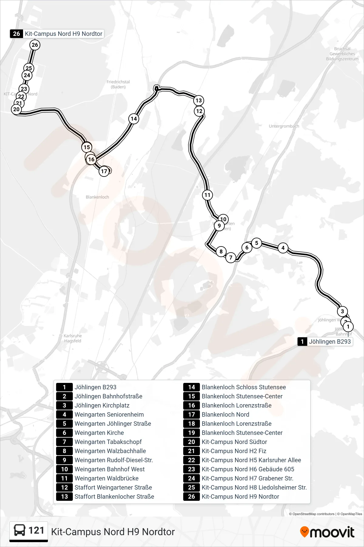121 tram Line (Kit-Campus Nord H9 Nordtor) route and stops on a map