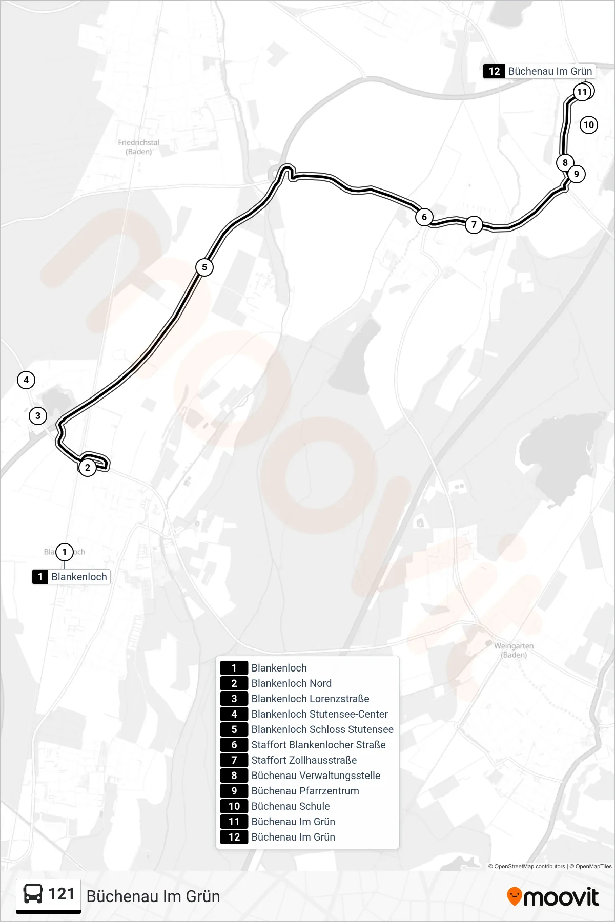 Linie 121 (Tram) Richtung Büchenau Im Grün: Route und Haltestellen auf der Karte
