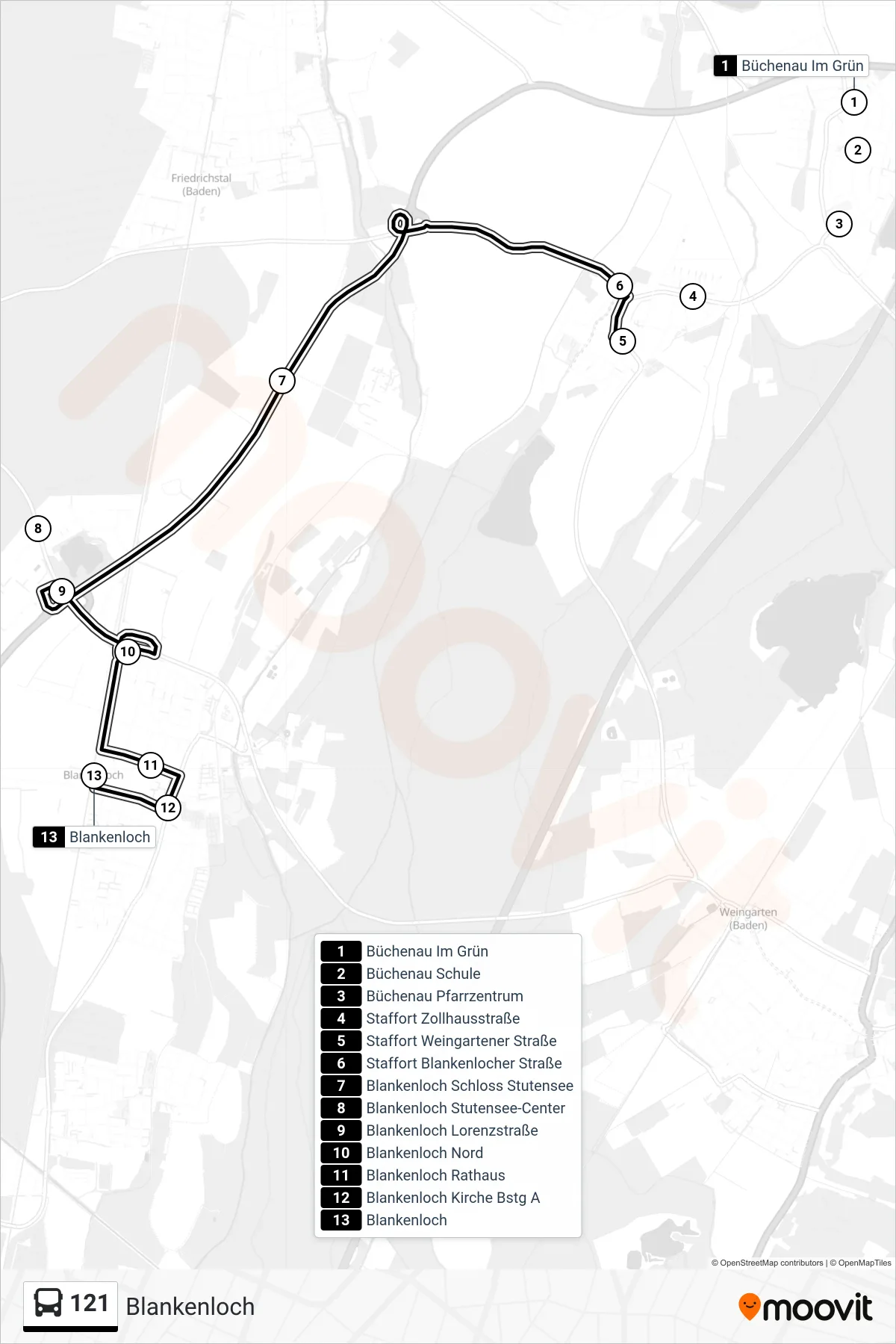 121 tram Line (Blankenloch) route and stops on a map