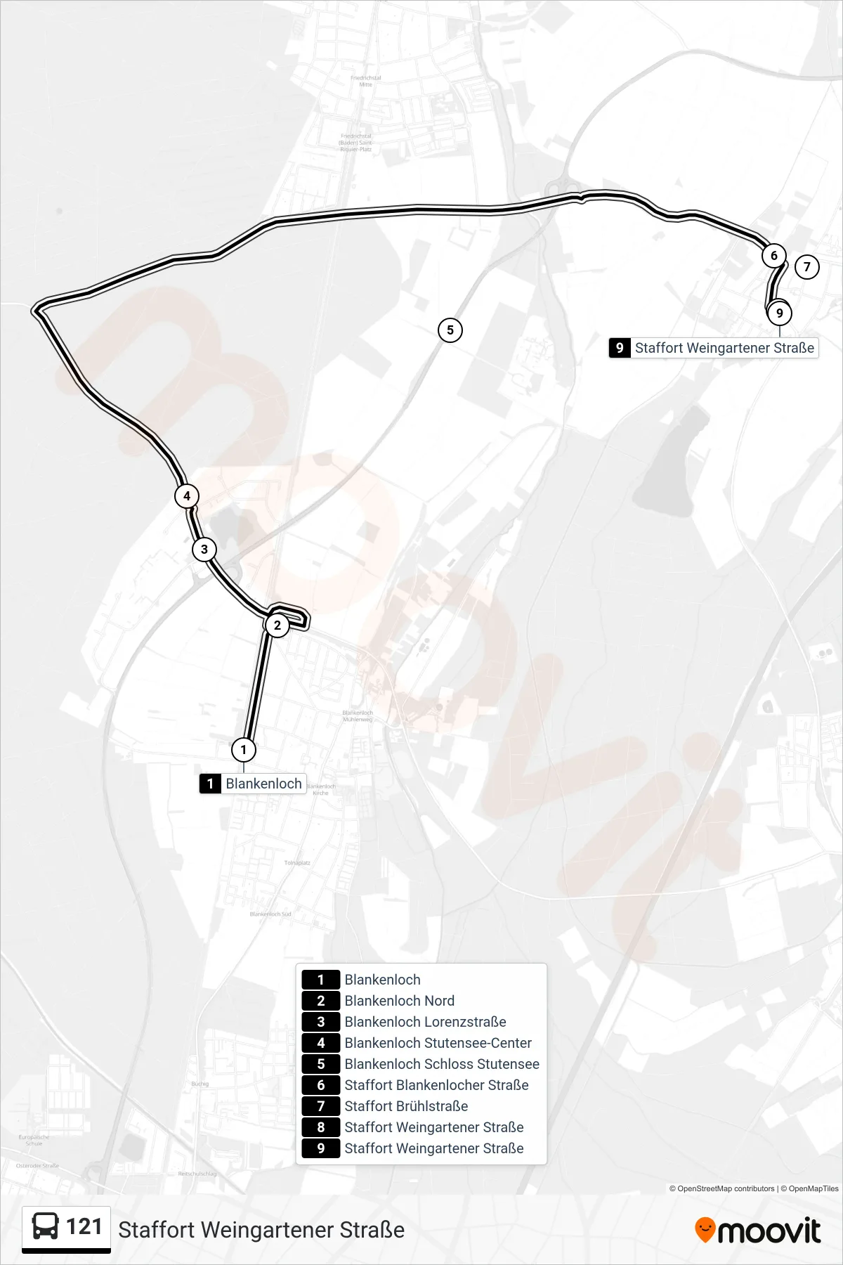 121 tram Line (Staffort Weingartener Straße) route and stops on a map