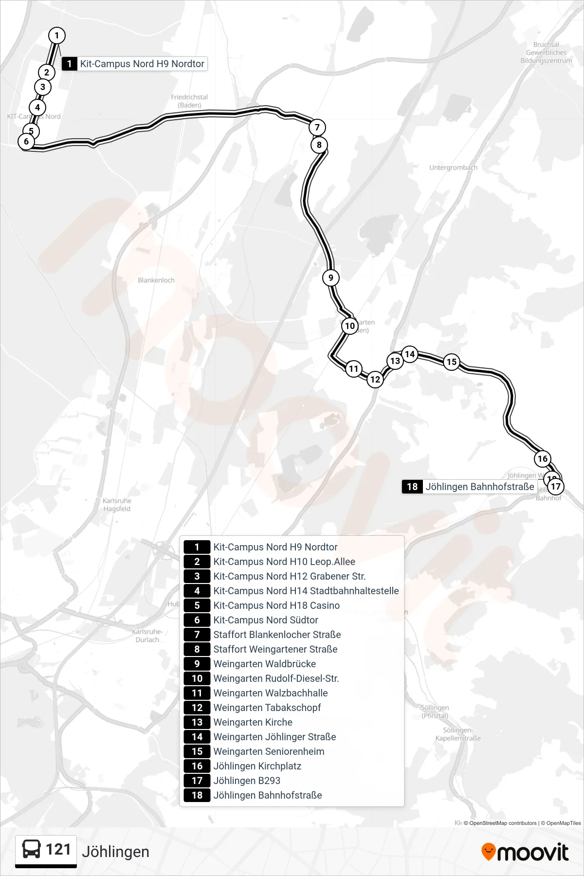 121 tram Line (Jöhlingen) route and stops on a map