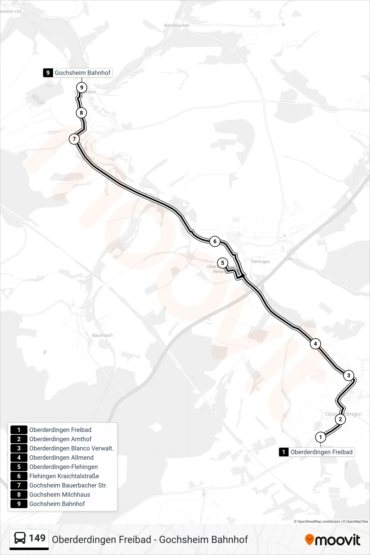 Linie 149 (Bus) Richtung Gochsheim (Baden): Route und Haltestellen auf der Karte