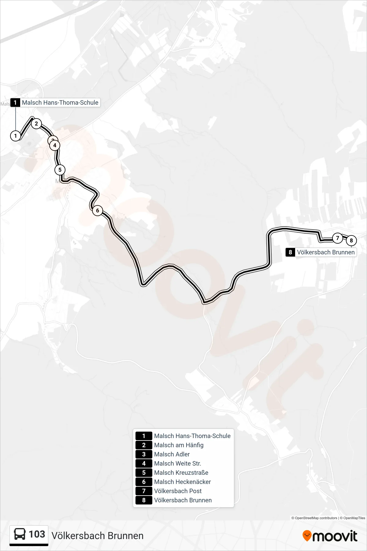 103 bus Line (Völkersbach Brunnen) route and stops on a map