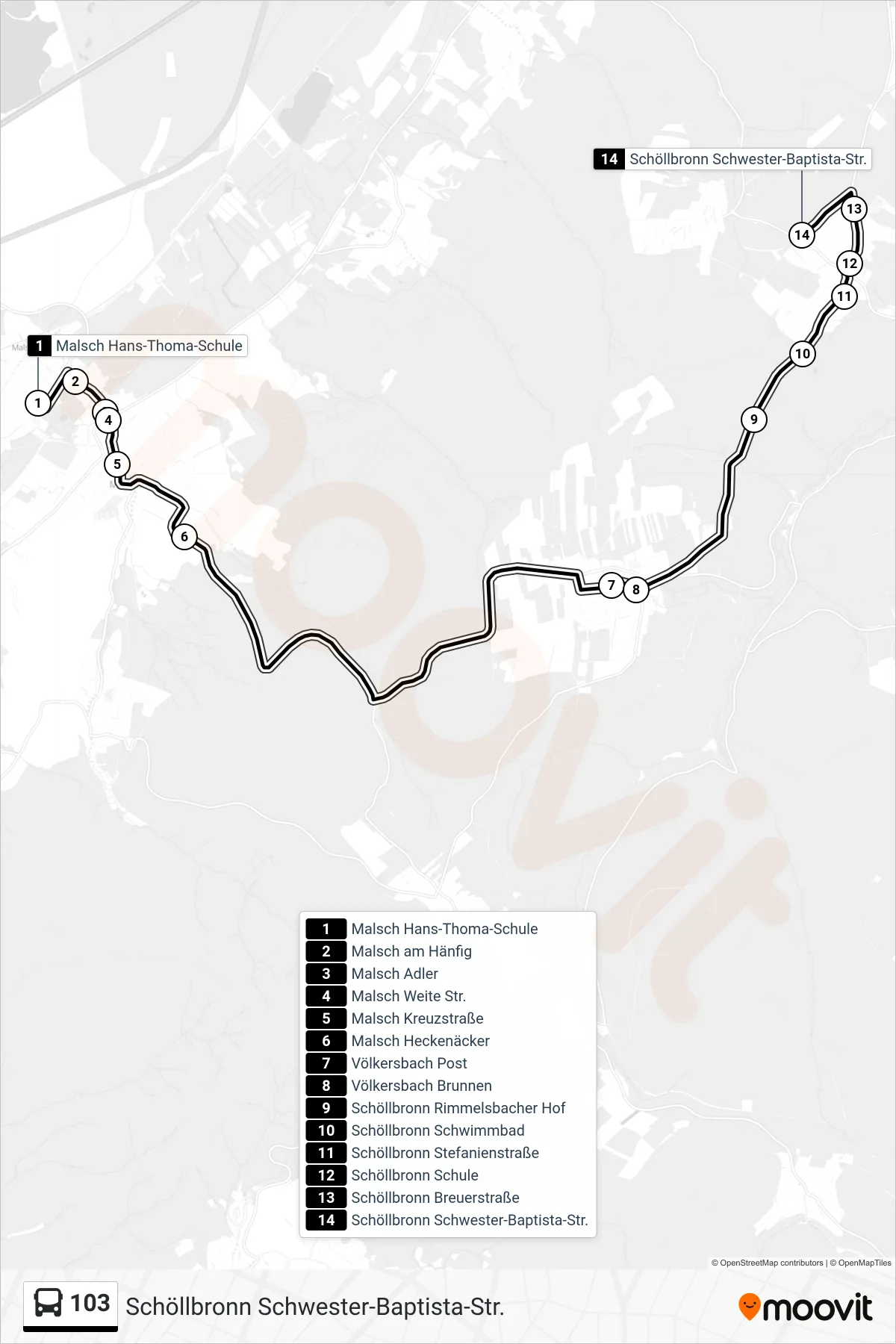 Linie 103 (Bus) Richtung Schöllbronn Schwester-Baptista-Str.: Route und Haltestellen auf der Karte
