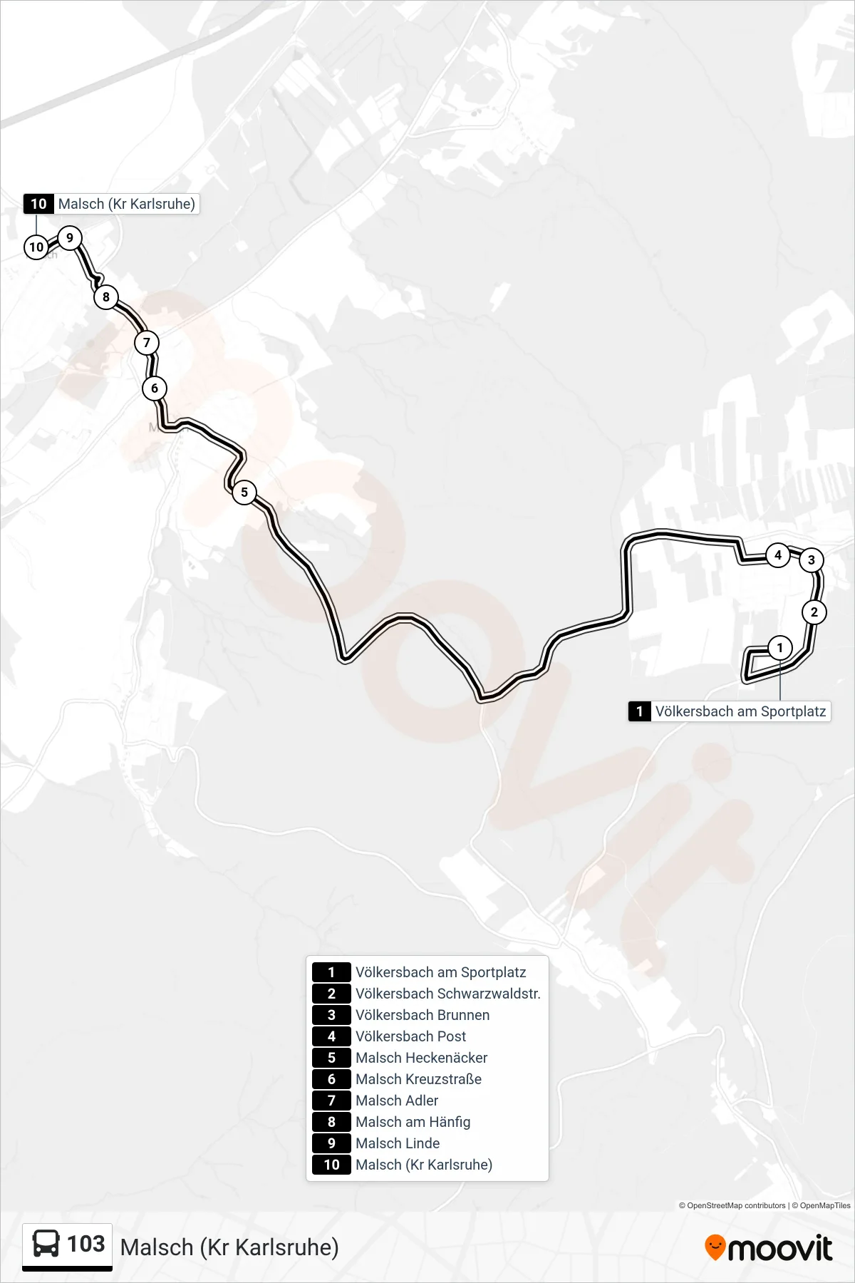 103 bus Line (Malsch (Kr Karlsruhe)) route and stops on a map