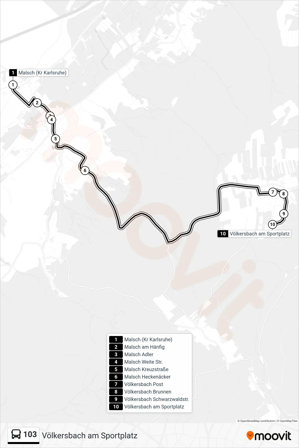 103 bus Line (Völkersbach am Sportplatz) route and stops on a map