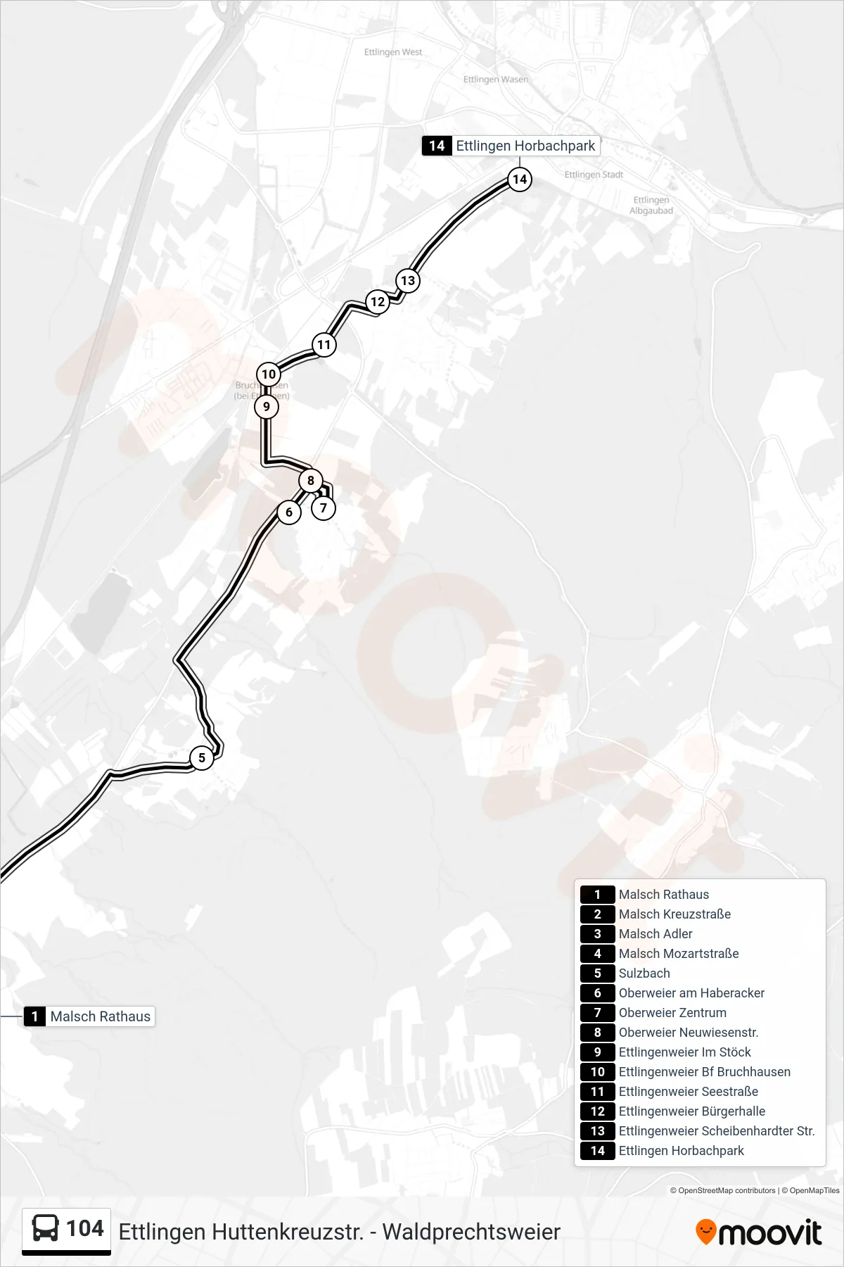 Linie 104 (Bus) Richtung Ettlingen Horbachpark: Route und Haltestellen auf der Karte