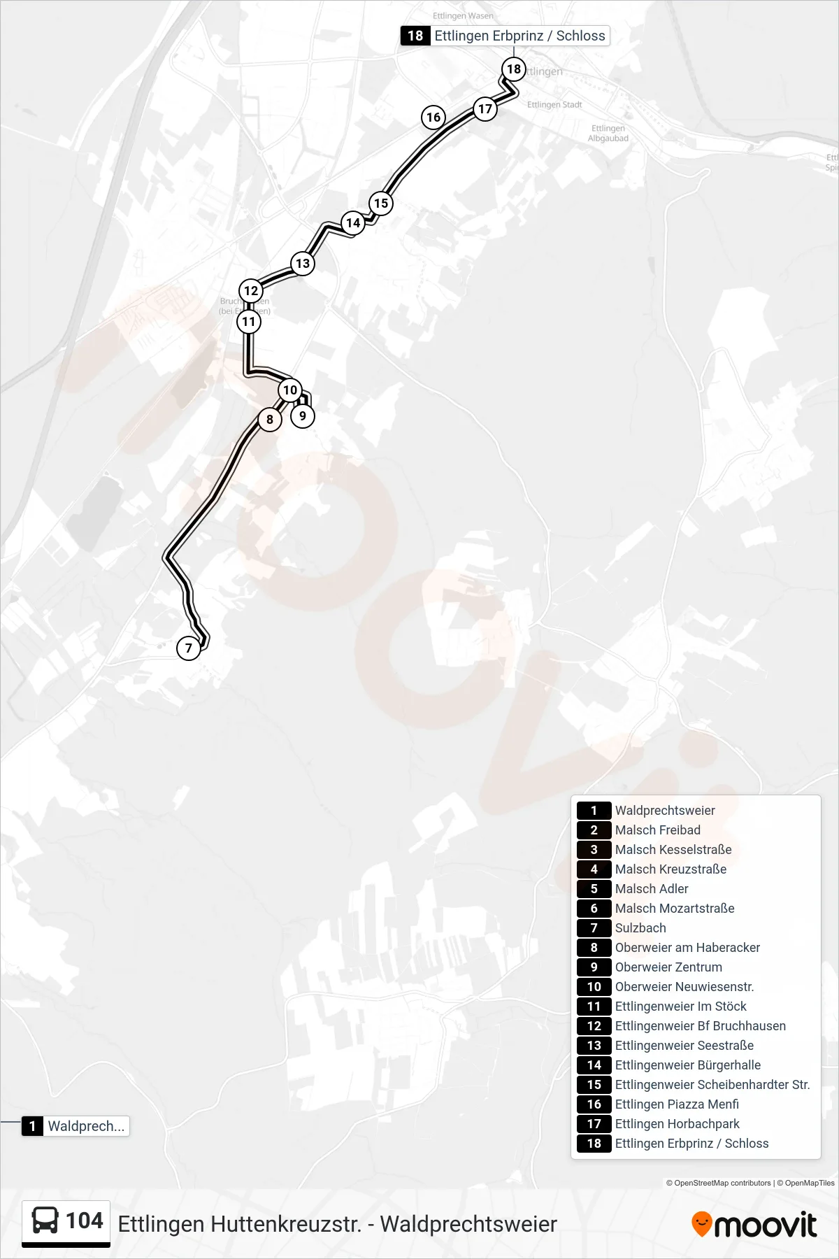 104 bus Line (Ettlingen Erbprinz / Schloss) route and stops on a map