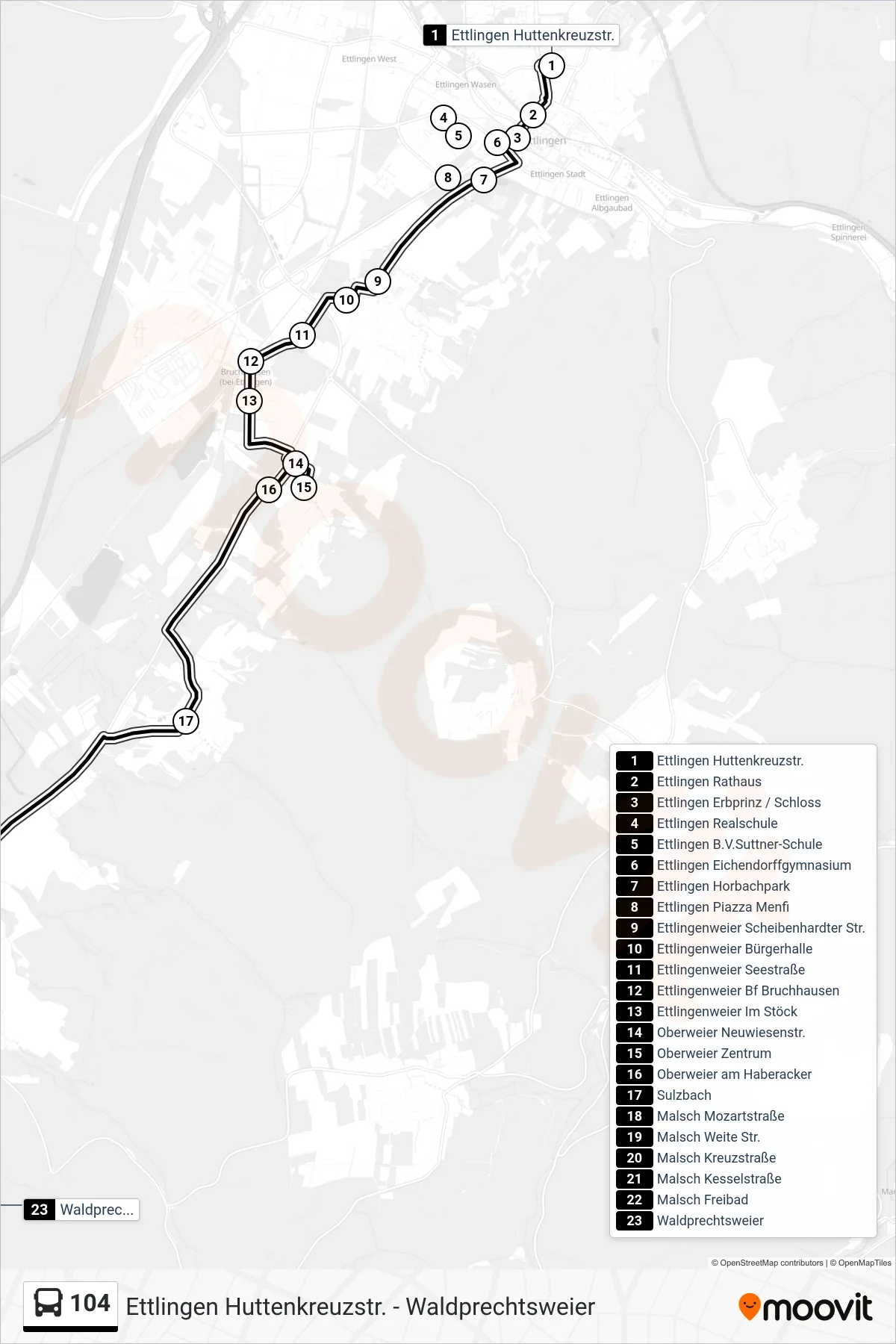 104 bus Line (Waldprechtsweier) route and stops on a map