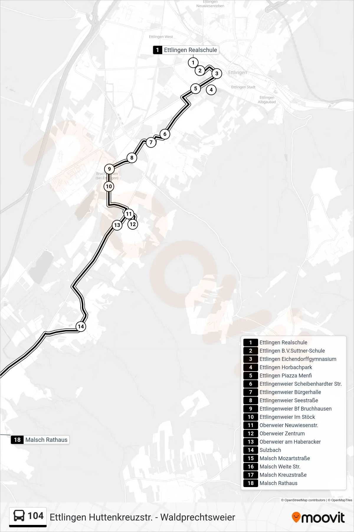 104 bus Line (Malsch Rathaus) route and stops on a map