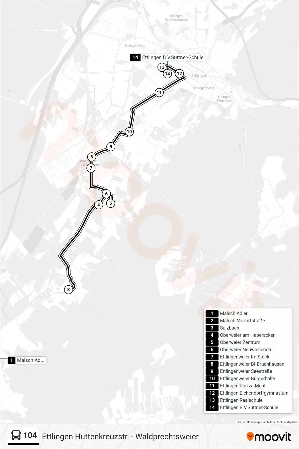 104 bus Line (Ettlingen B.V.Suttner-Schule) route and stops on a map