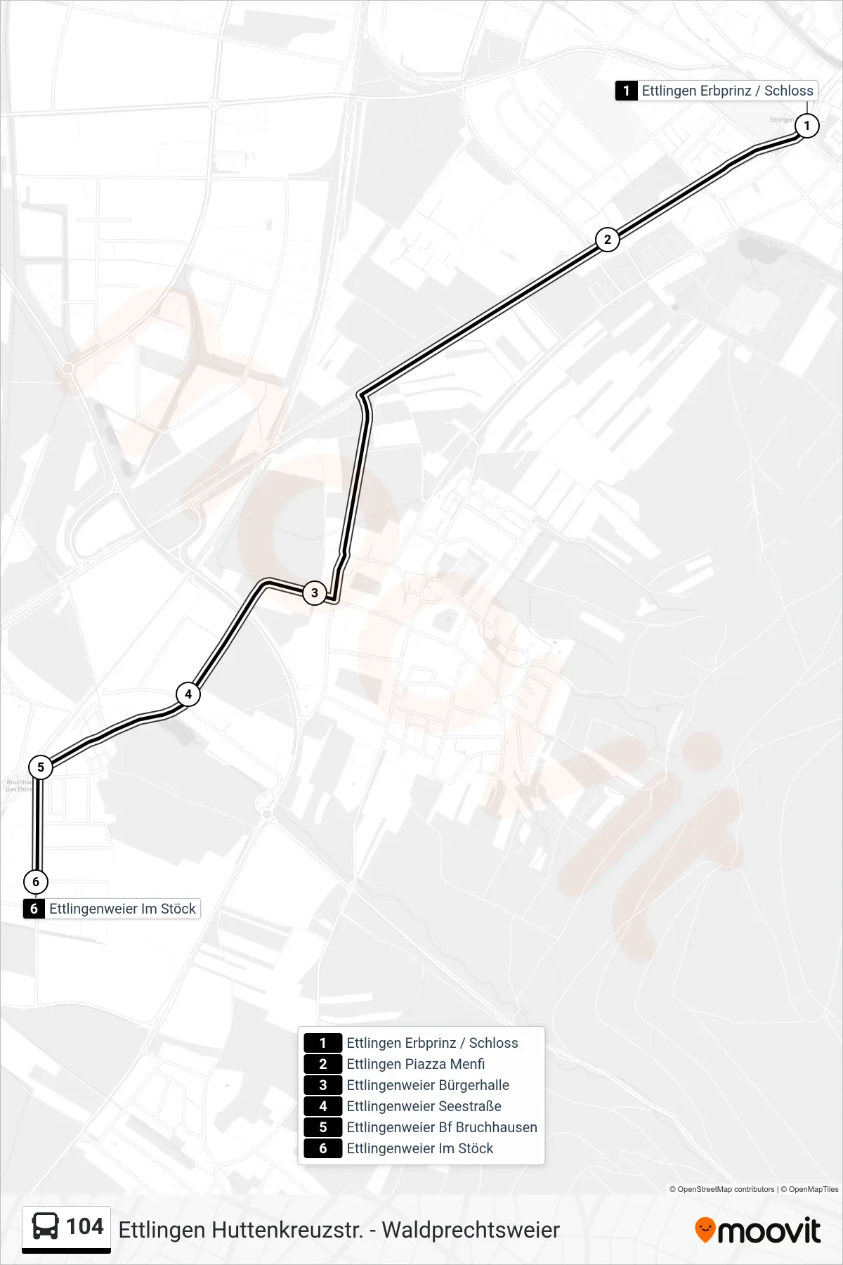 104 bus Line (Ettlingenweier Im Stöck) route and stops on a map