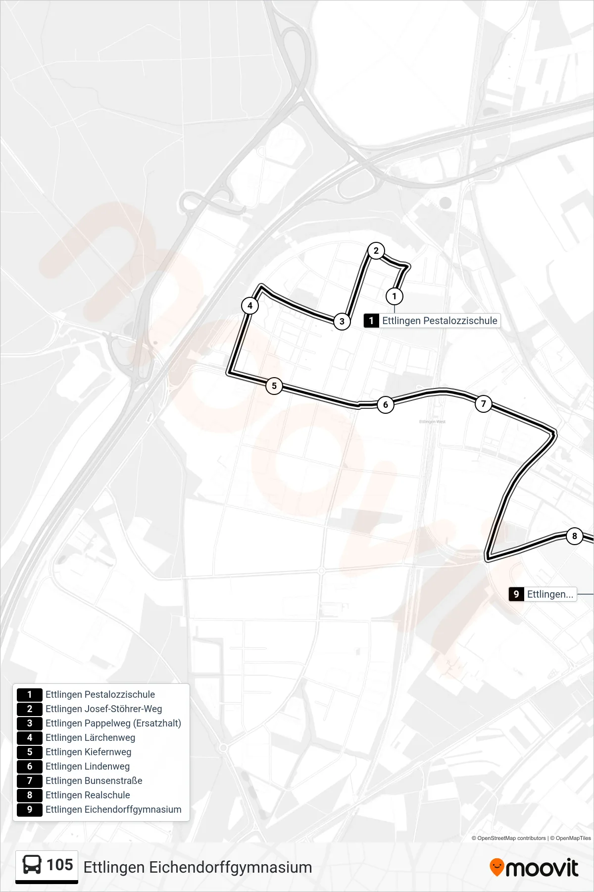 105 bus Line (Ettlingen Eichendorffgymnasium) route and stops on a map