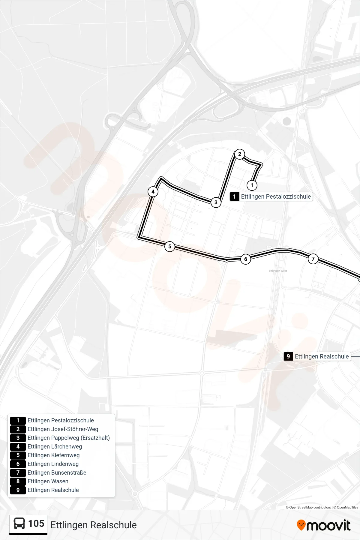 105 bus Line (Ettlingen Realschule) route and stops on a map
