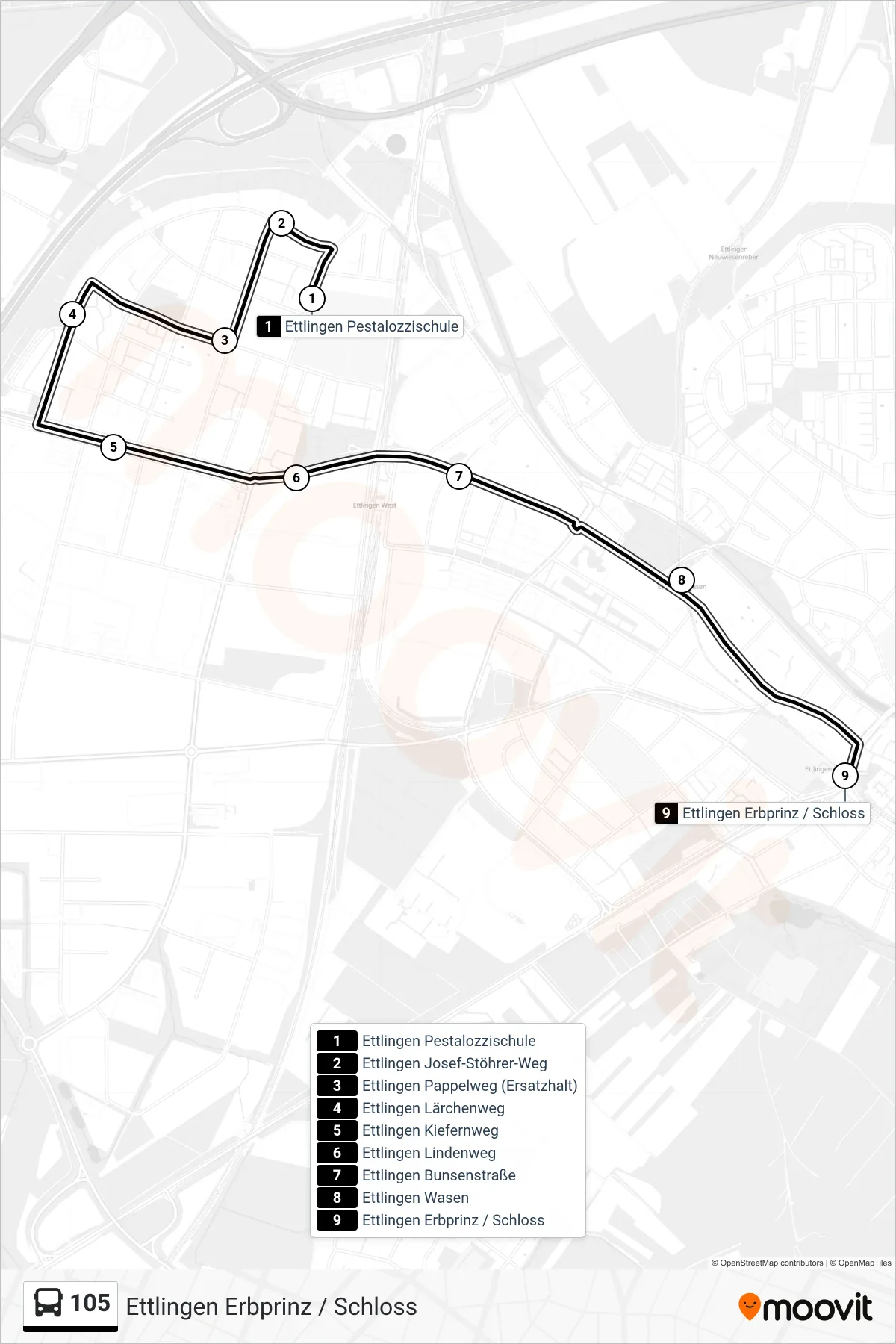105 bus Line (Ettlingen Erbprinz / Schloss) route and stops on a map