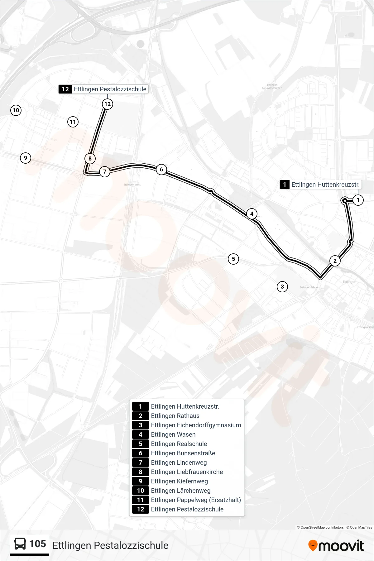 105 bus Line (Ettlingen Pestalozzischule) route and stops on a map