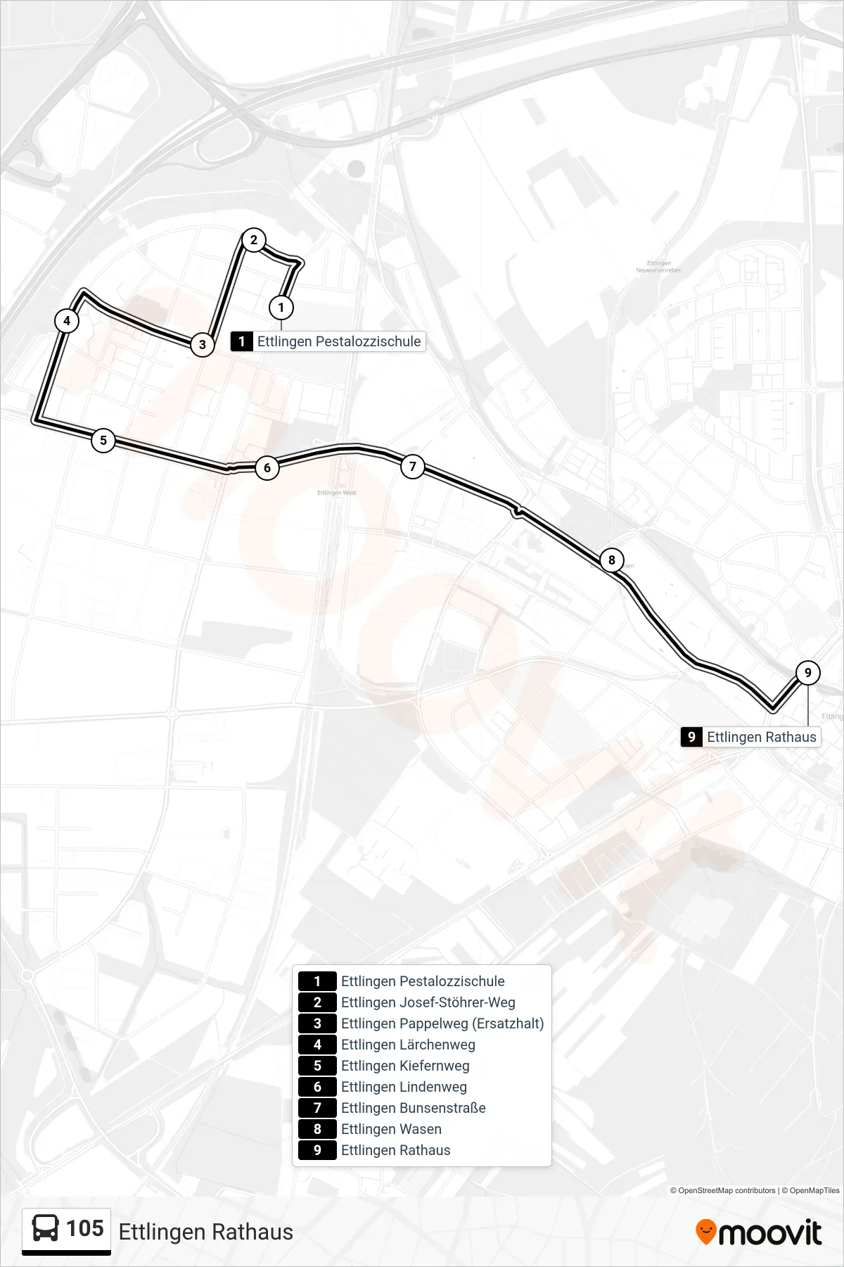 105 bus Line (Ettlingen Rathaus) route and stops on a map