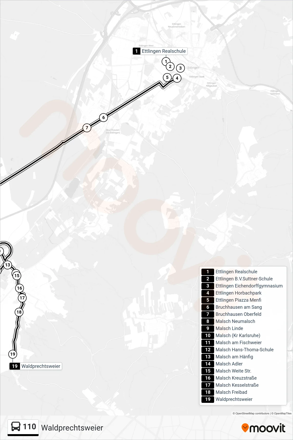 110 bus Line (Waldprechtsweier) route and stops on a map