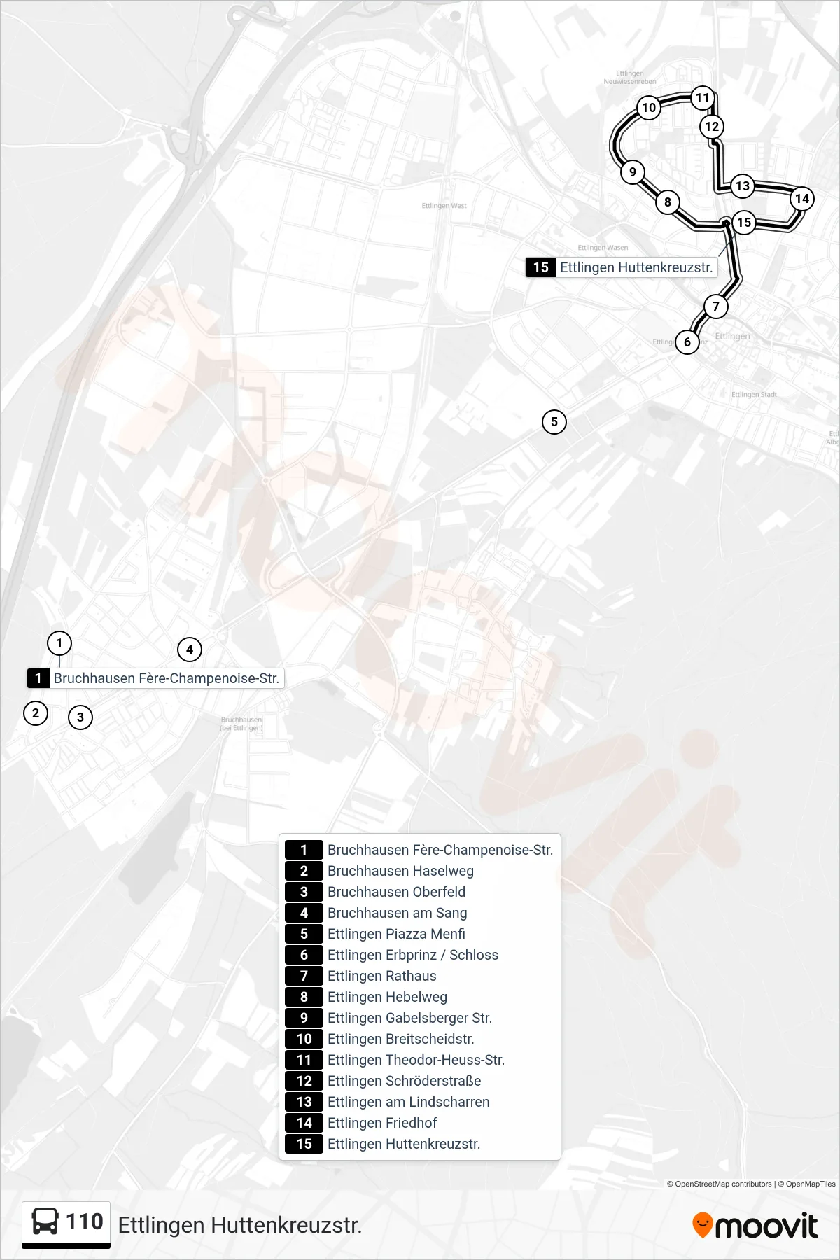 110 bus Line (Ettlingen Huttenkreuzstr.) route and stops on a map