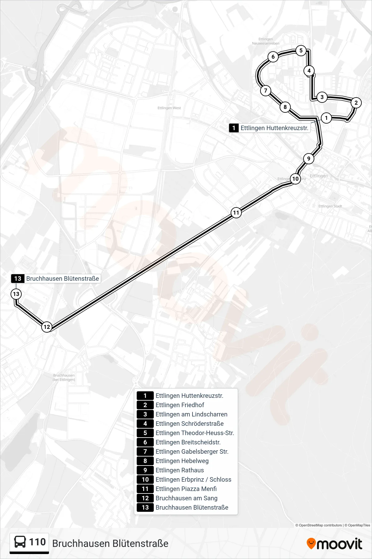110 bus Line (Bruchhausen Blütenstraße) route and stops on a map