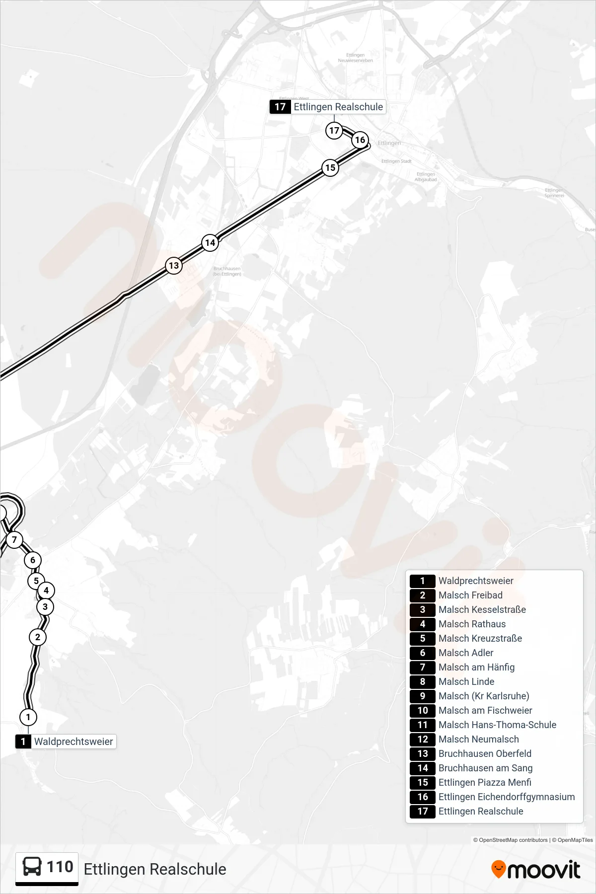 110 bus Line (Ettlingen Realschule) route and stops on a map