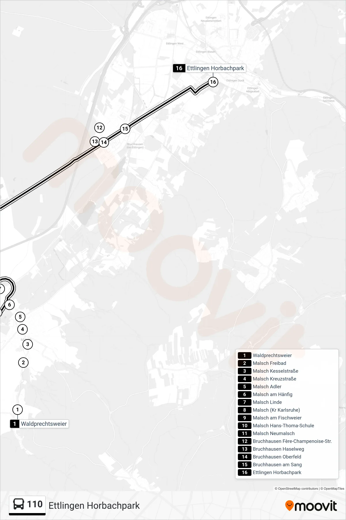 110 bus Line (Ettlingen Horbachpark) route and stops on a map