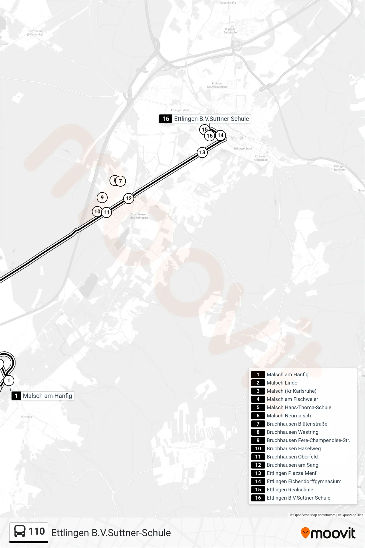 Linie 110 (Bus) Richtung Ettlingen B.V.Suttner-Schule: Route und Haltestellen auf der Karte