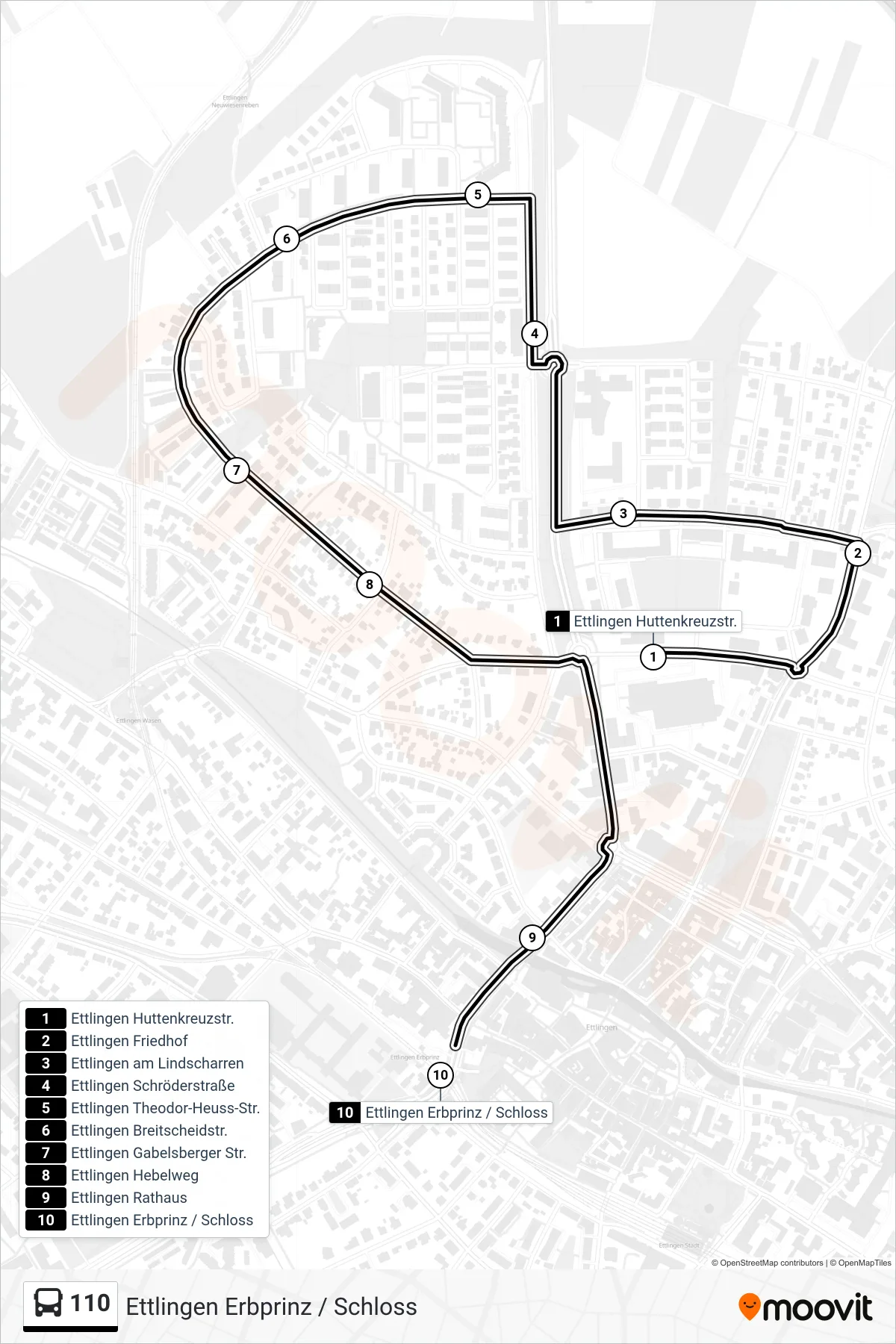 110 bus Line (Ettlingen Erbprinz / Schloss) route and stops on a map
