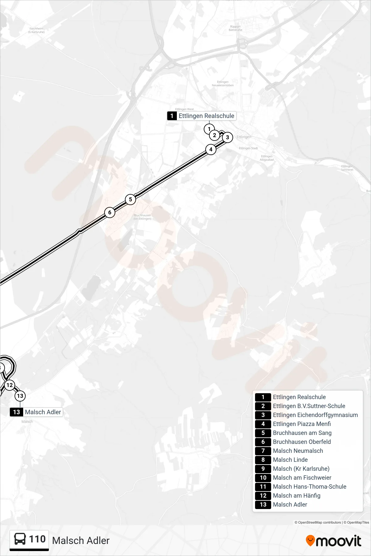 110 bus Line (Malsch Adler) route and stops on a map